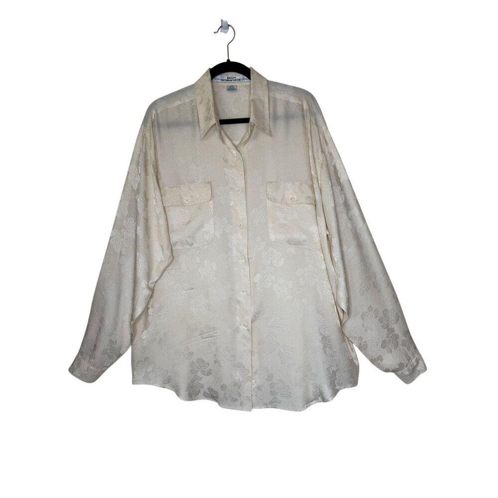 Vintage High Advantage Blouse Ivory Silk Button Front Size 18W Old Money Luxury